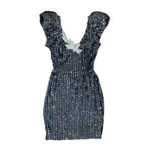 Vintage Climax 80s Silver/Black Puff Sleeve Sequin Mini Bodycon Cocktail Dress